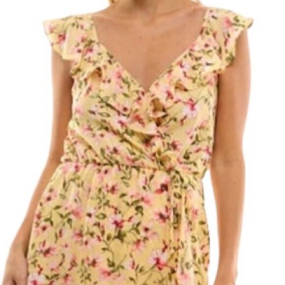 SOCIALITE DRESS XS YELLOW PINK RUFFLE PRINT WRAP MIDI ROMANCE FAIRYCORE SEXY - Picture 4 of 15